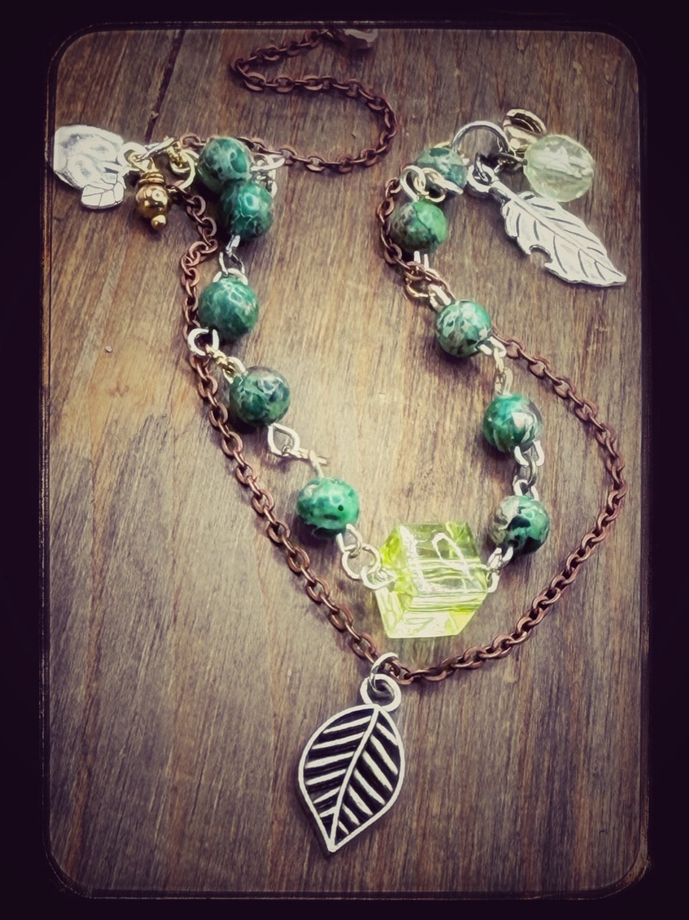 Green Beaded Leaf Pendant turquoise layered bracelet
